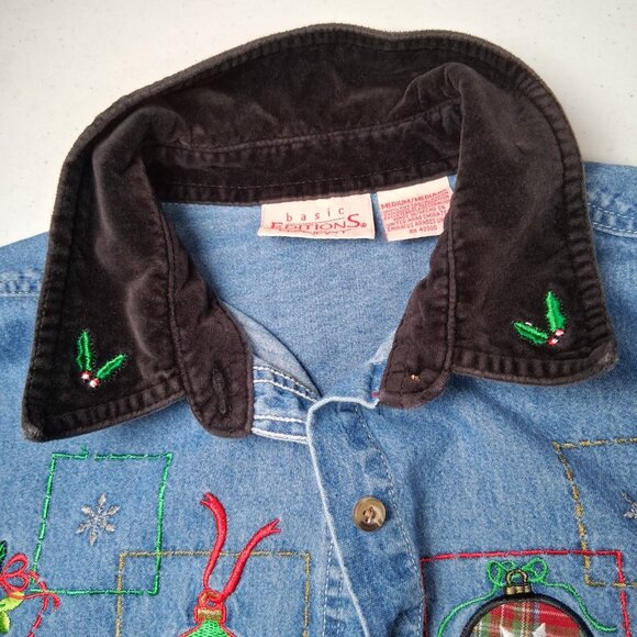 Vintage Basic Editions Holiday Christmas Shirt M Denim Chambray Jean Ornaments - Picture 10 of 16